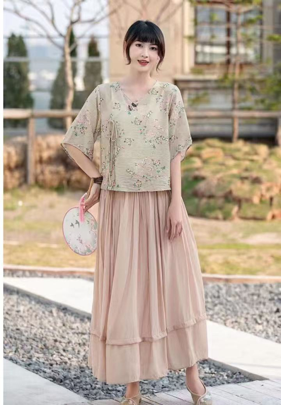 Hanfu stiliaus spausdintas ramio viršus, dviejų dalių komplektas, vasara 2025