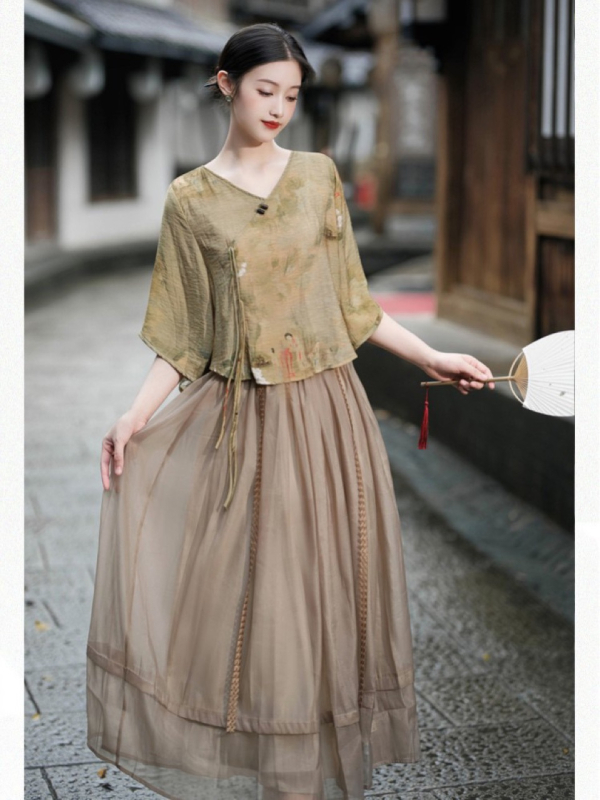 Hanfu stiliaus spausdintas ramio viršus, dviejų dalių komplektas, vasara 2025