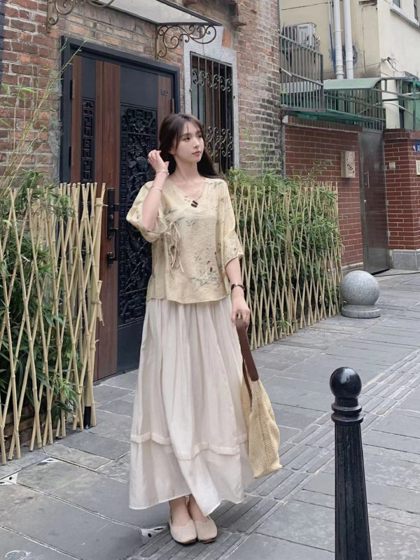 Hanfu stiliaus spausdintas ramio viršus, dviejų dalių komplektas, vasara 2025