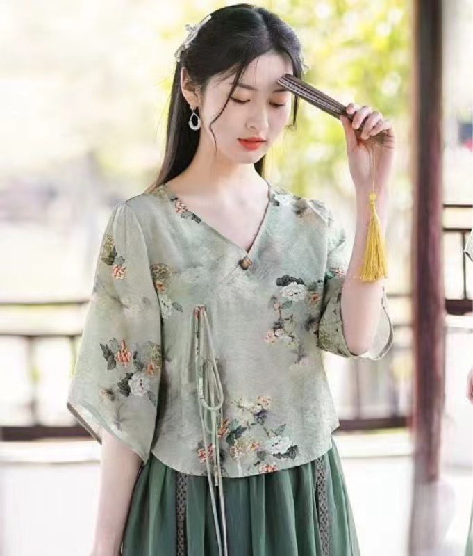 Hanfu stiliaus spausdintas ramio viršus, dviejų dalių komplektas, vasara 2025