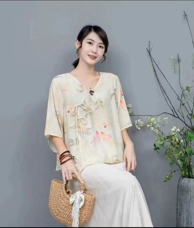 Hanfu stiliaus spausdintas ramio viršus, dviejų dalių komplektas, vasara 2025