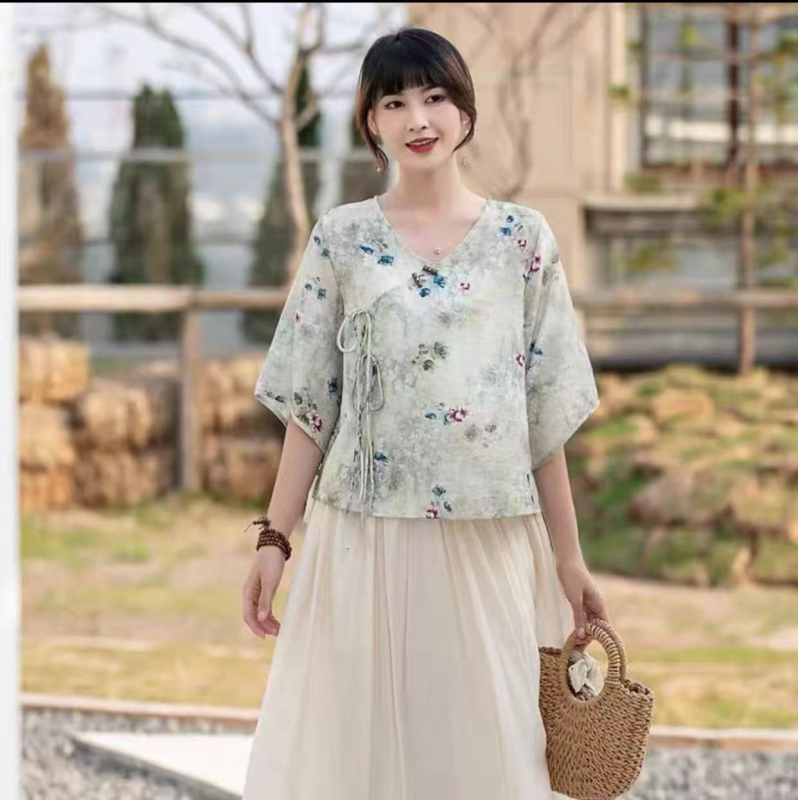 Hanfu stiliaus spausdintas ramio viršus, dviejų dalių komplektas, vasara 2025