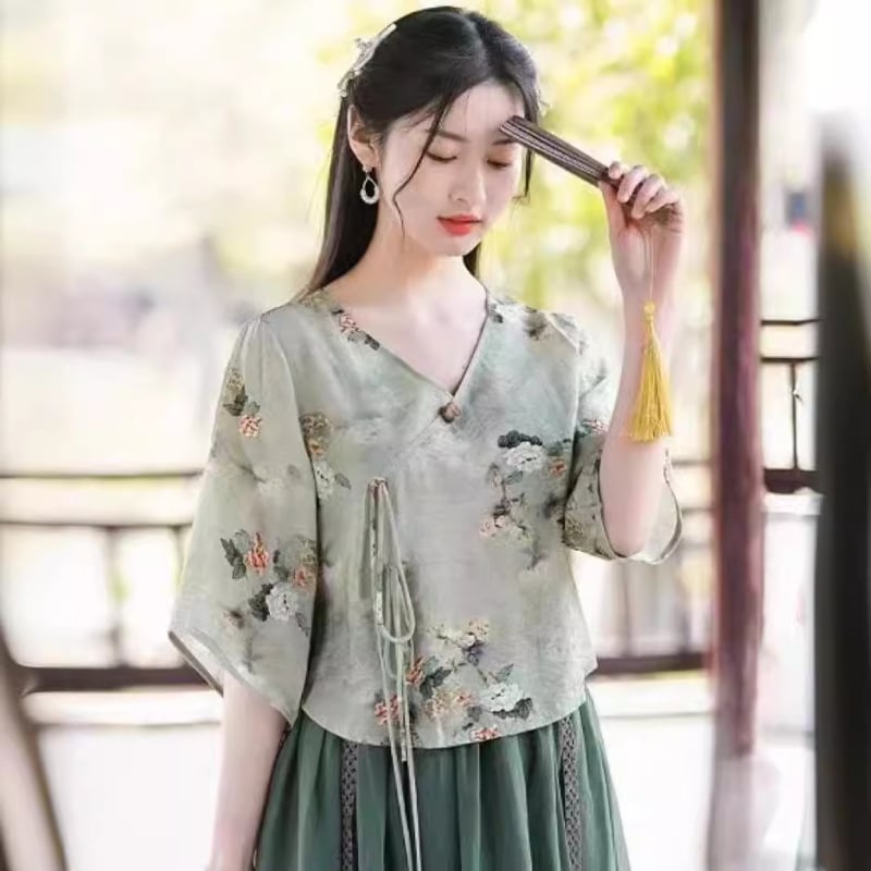 Hanfu stiliaus spausdintas ramio viršus, dviejų dalių komplektas, vasara 2025