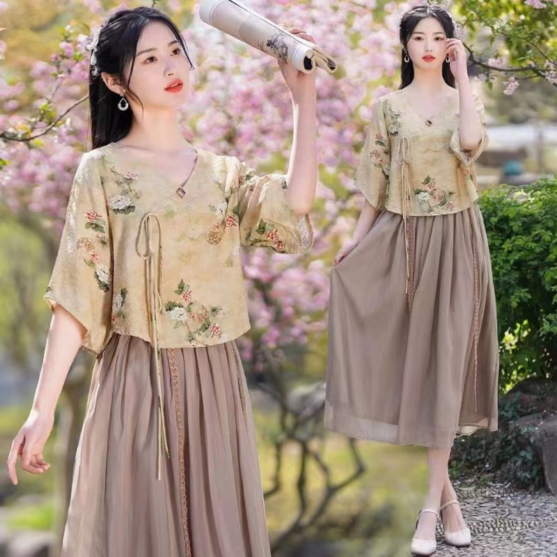 Hanfu stiliaus spausdintas ramio viršus, dviejų dalių komplektas, vasara 2025