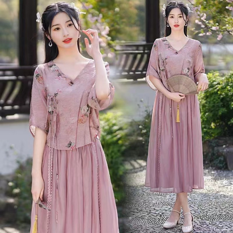 Hanfu stiliaus spausdintas ramio viršus, dviejų dalių komplektas, vasara 2025