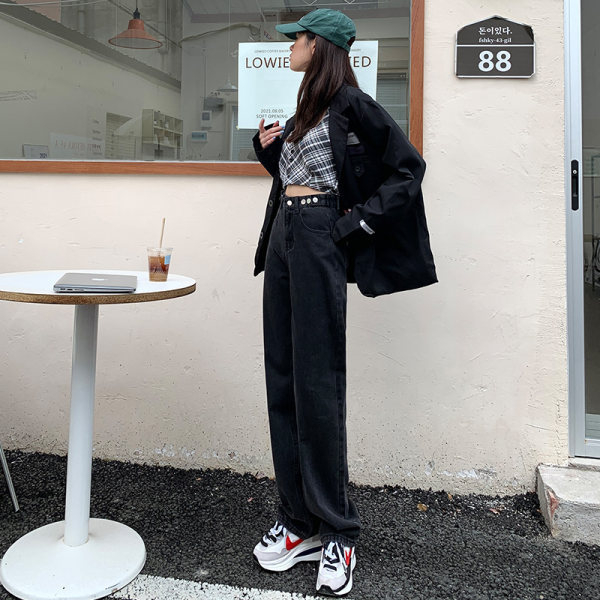 Naiste džinsid laia lõikega, kõrge vöökoht, puuvillane denims 70–80%, jaapani-korea vabaajastiil, talv 2022