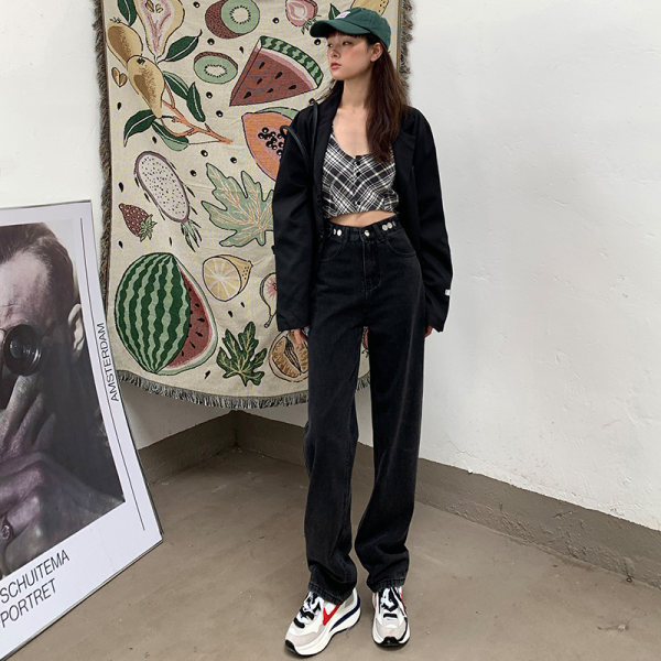 Naiste džinsid laia lõikega, kõrge vöökoht, puuvillane denims 70–80%, jaapani-korea vabaajastiil, talv 2022