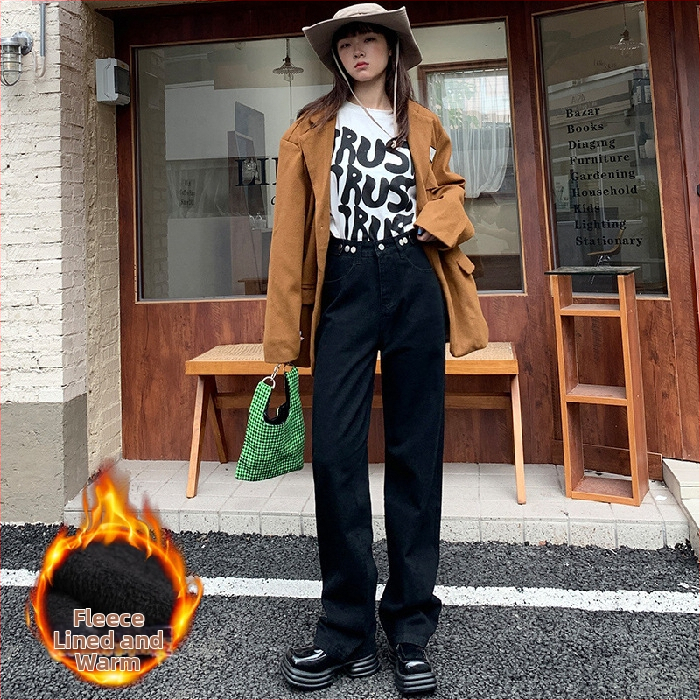 Naiste džinsid laia lõikega, kõrge vöökoht, puuvillane denims 70–80%, jaapani-korea vabaajastiil, talv 2022