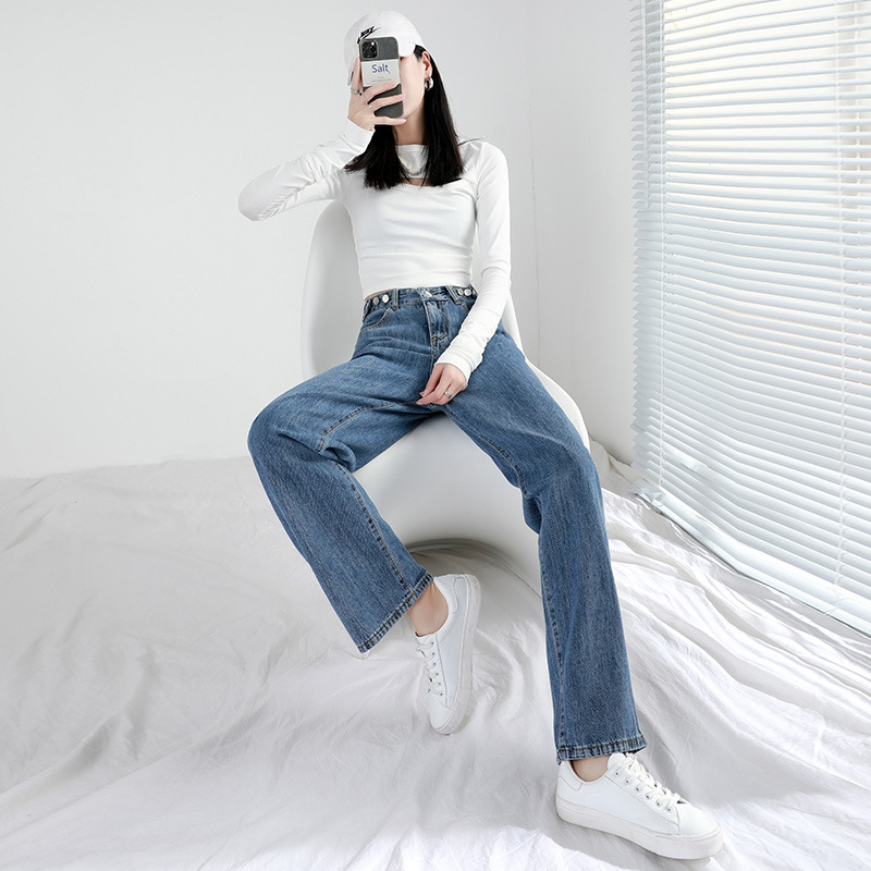 Naiste džinsid laia lõikega, kõrge vöökoht, puuvillane denims 70–80%, jaapani-korea vabaajastiil, talv 2022