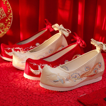 Vestuvinės bateliai su išsiuvinėtu fenikso raštu, viršutinė dalis iš medvilnės, guma padas, 6–8 cm kulno aukštis, užpakalinis dirželis