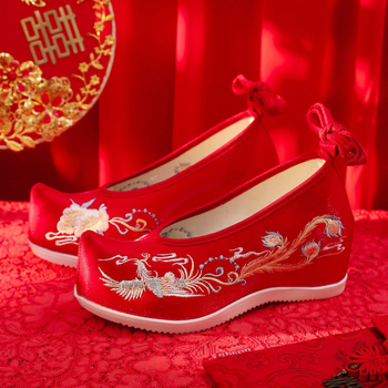 Vestuvinės bateliai su išsiuvinėtu fenikso raštu, viršutinė dalis iš medvilnės, guma padas, 6–8 cm kulno aukštis, užpakalinis dirželis