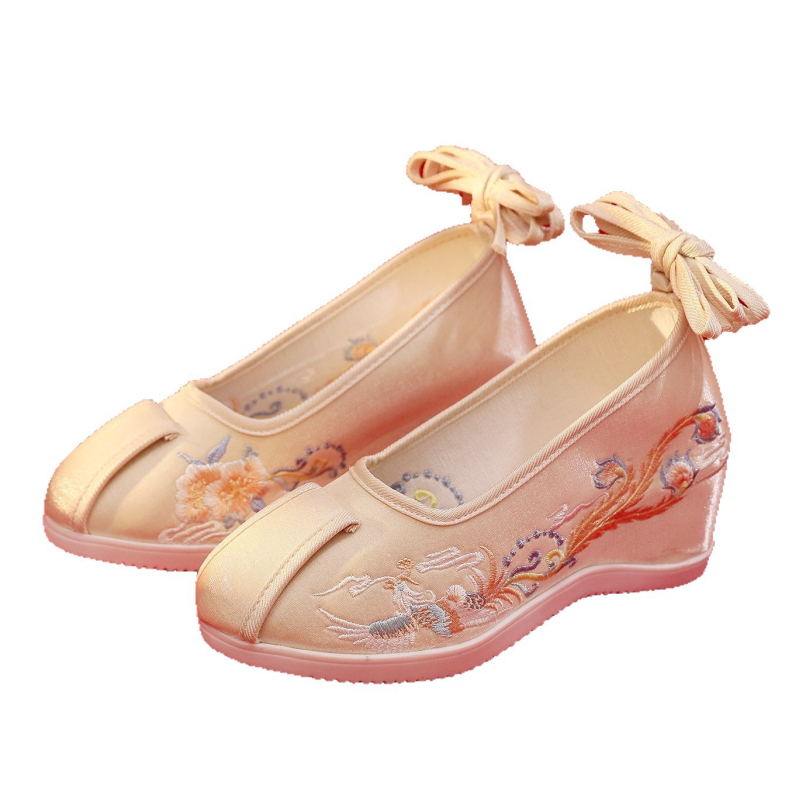 Vestuvinės bateliai su išsiuvinėtu fenikso raštu, viršutinė dalis iš medvilnės, guma padas, 6–8 cm kulno aukštis, užpakalinis dirželis