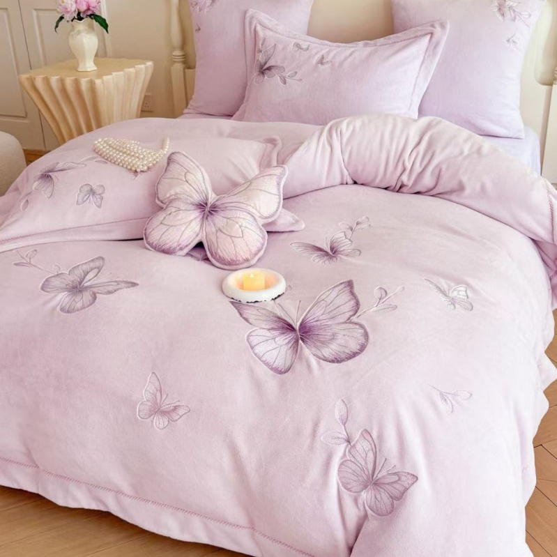 Milk velvet četverodijelni set posteljine s izvezom, dvostrani velur prekrivač za duvets, zimska toplina, uzorak biljaka i cvijeća