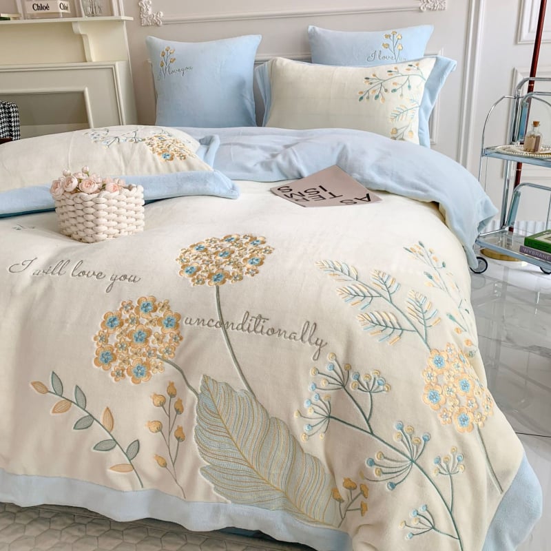 Milk velvet četverodijelni set posteljine s izvezom, dvostrani velur prekrivač za duvets, zimska toplina, uzorak biljaka i cvijeća