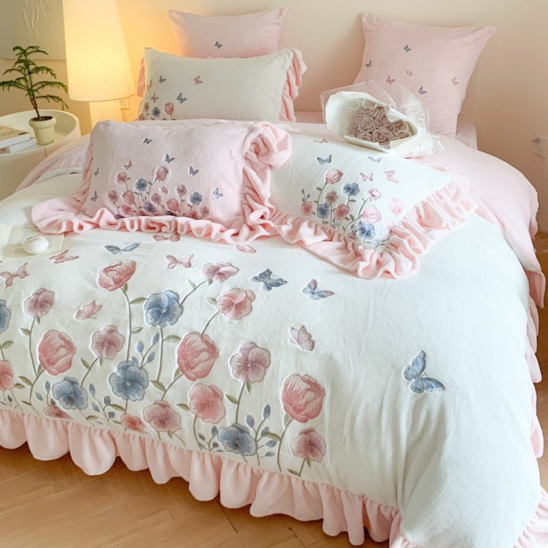 Milk velvet četverodijelni set posteljine s izvezom, dvostrani velur prekrivač za duvets, zimska toplina, uzorak biljaka i cvijeća