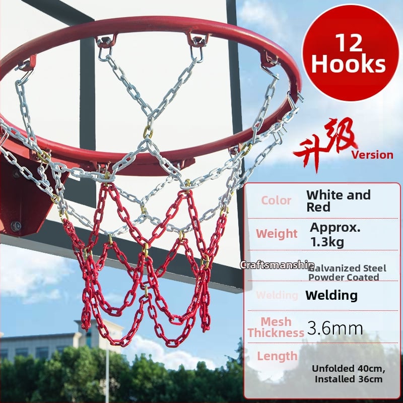Basketbola grozs ar dzelzs ķēdes tīkli, pastiprināts tīkls ar 13 āķiem un metāla rāmis ar 12 āķiem