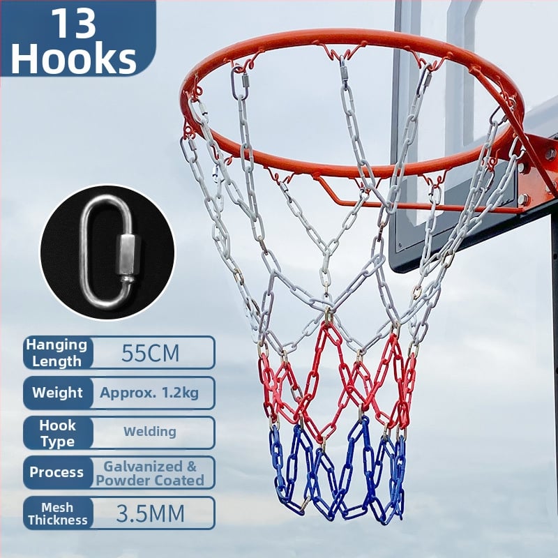 Krepšinio krepšys su geležiniu grandinės tinkleliu, sustiprintas tinklas su 13 kabliukų ir metaliniu rėmu su 12 kabliukų