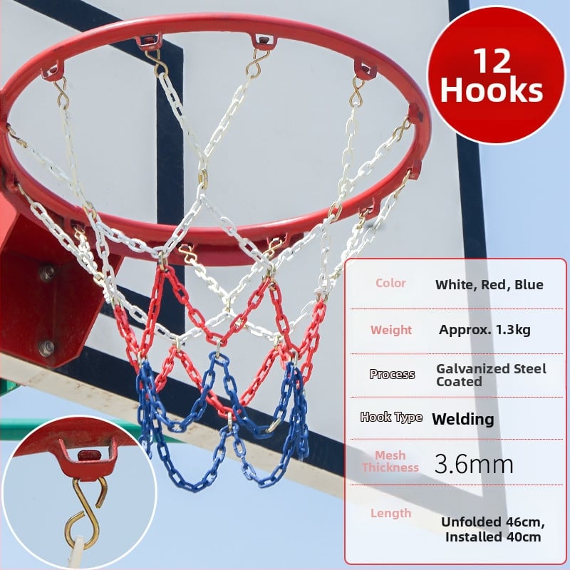 Krepšinio krepšys su geležiniu grandinės tinkleliu, sustiprintas tinklas su 13 kabliukų ir metaliniu rėmu su 12 kabliukų
