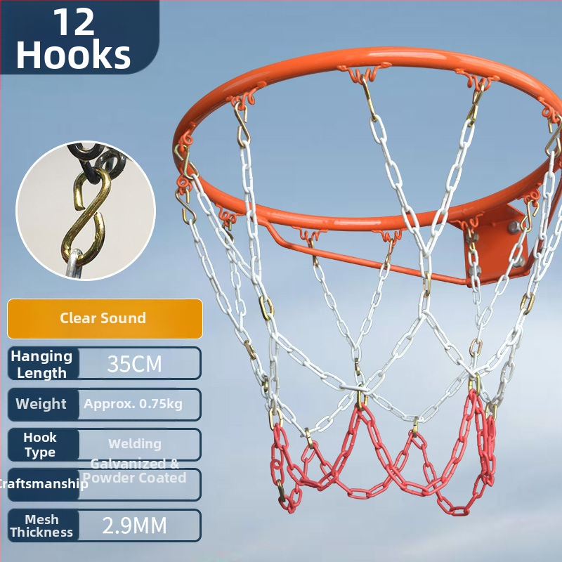 Krepšinio krepšys su geležiniu grandinės tinkleliu, sustiprintas tinklas su 13 kabliukų ir metaliniu rėmu su 12 kabliukų