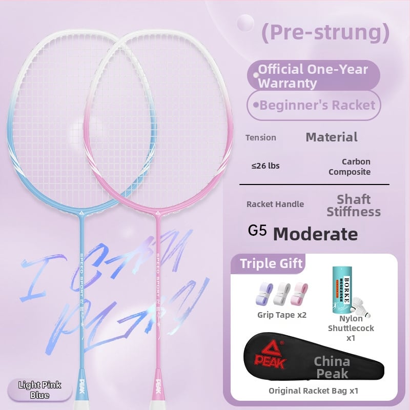 Badmintono raketė su anglies pluošto rėmu, ultralengva, 95–100 g, rankenos storis G5, nailoniniai siūlai, tiesus smūgis, treniruotei