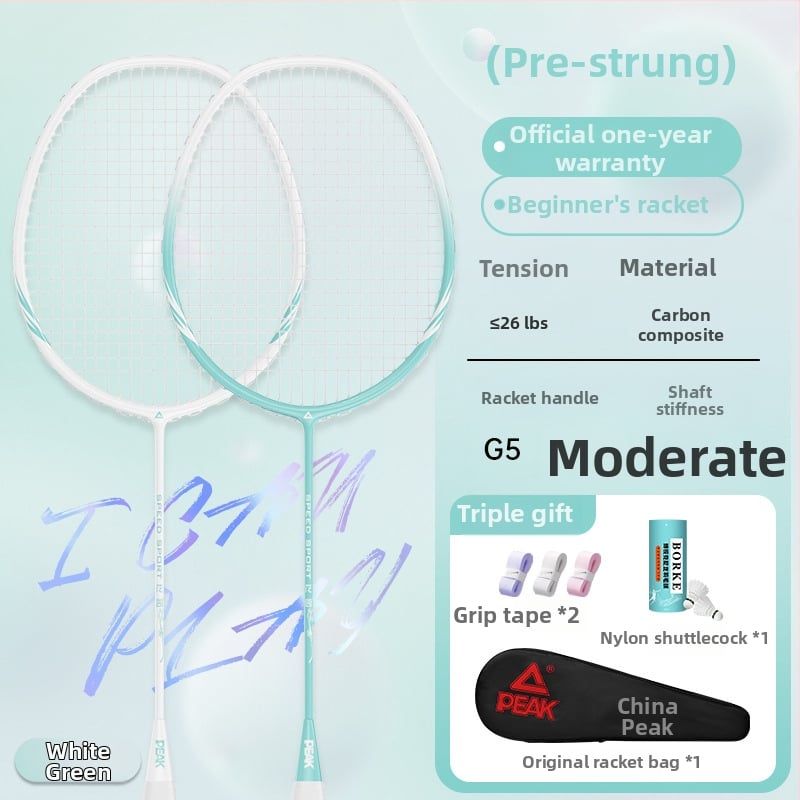Badmintono raketė su anglies pluošto rėmu, ultralengva, 95–100 g, rankenos storis G5, nailoniniai siūlai, tiesus smūgis, treniruotei