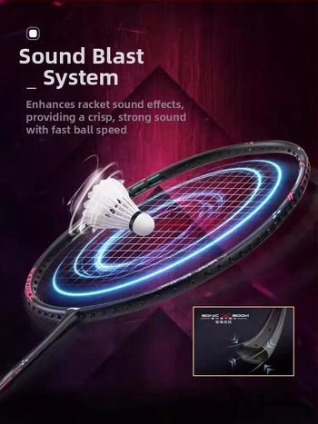 Li-Ning Badmintono raketė – anglies pluošto rėmas, svoris 80–84 g, rankenos storis G5, raketės tipas: tiesus, tinkama pradedantiesiems ir vidutiniams, badmintonui ir stalo tenisui