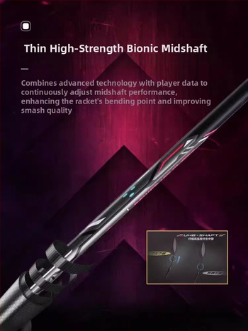 Li-Ning Badmintono raketė – anglies pluošto rėmas, svoris 80–84 g, rankenos storis G5, raketės tipas: tiesus, tinkama pradedantiesiems ir vidutiniams, badmintonui ir stalo tenisui