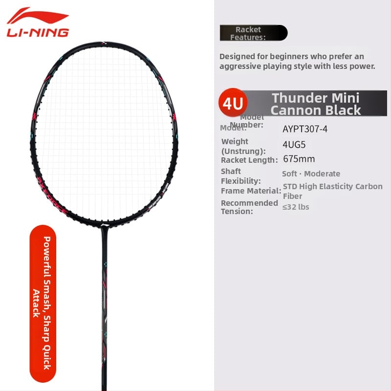 Li-Ning Badmintono raketė – anglies pluošto rėmas, svoris 80–84 g, rankenos storis G5, raketės tipas: tiesus, tinkama pradedantiesiems ir vidutiniams, badmintonui ir stalo tenisui