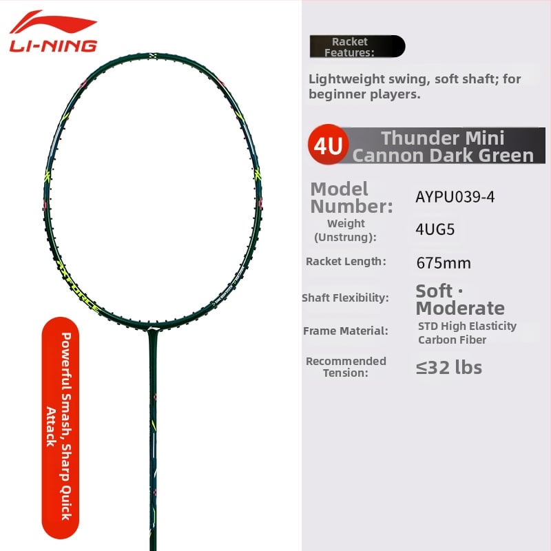 Li-Ning Badmintono raketė – anglies pluošto rėmas, svoris 80–84 g, rankenos storis G5, raketės tipas: tiesus, tinkama pradedantiesiems ir vidutiniams, badmintonui ir stalo tenisui
