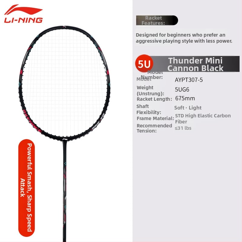 Li-Ning Badmintono raketė – anglies pluošto rėmas, svoris 80–84 g, rankenos storis G5, raketės tipas: tiesus, tinkama pradedantiesiems ir vidutiniams, badmintonui ir stalo tenisui