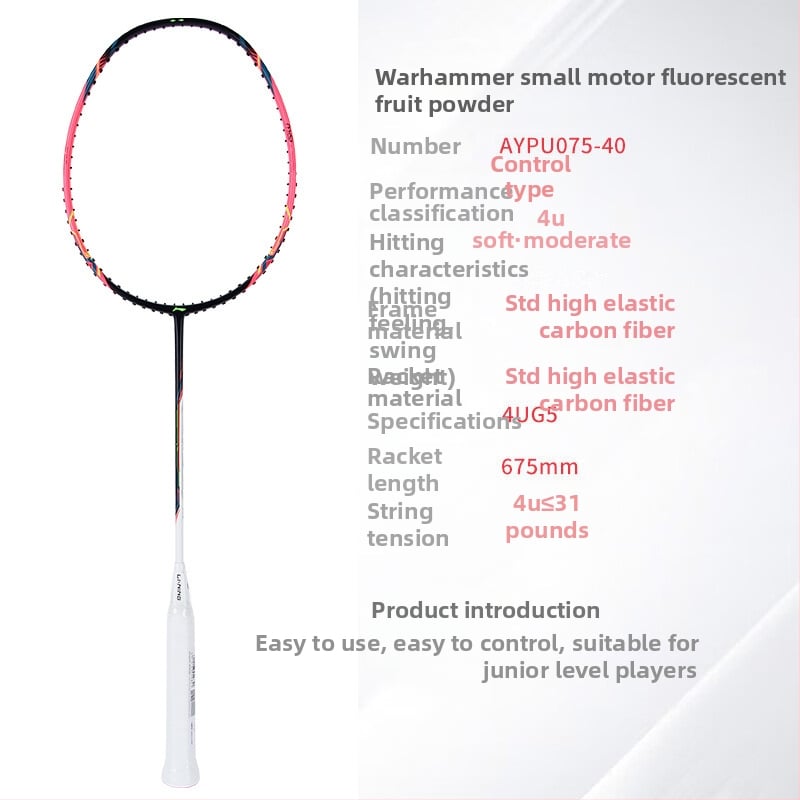 Li-Ning Badmintono raketė – anglies pluošto rėmas, svoris 80–84 g, rankenos storis G5, raketės tipas: tiesus, tinkama pradedantiesiems ir vidutiniams, badmintonui ir stalo tenisui