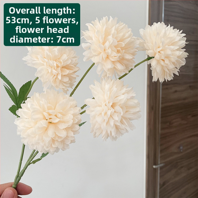 Piecu galvu zīda krizantēma - mākslīgs zieds ārējai lietošanai, rekvizīti fotogrāfijai, mājas dekors; zīmols Zixu, kods 2