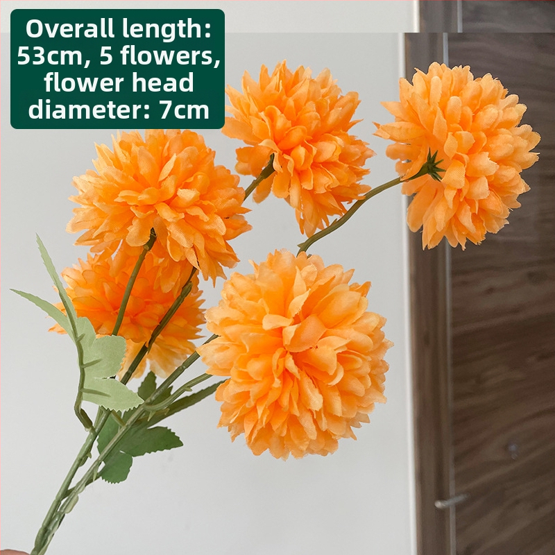 Piecu galvu zīda krizantēma - mākslīgs zieds ārējai lietošanai, rekvizīti fotogrāfijai, mājas dekors; zīmols Zixu, kods 2
