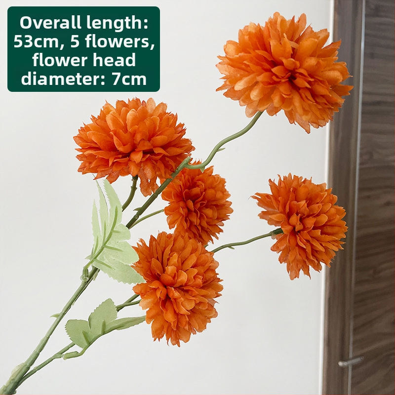 Piecu galvu zīda krizantēma - mākslīgs zieds ārējai lietošanai, rekvizīti fotogrāfijai, mājas dekors; zīmols Zixu, kods 2