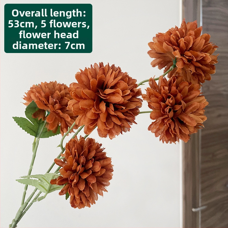 Piecu galvu zīda krizantēma - mākslīgs zieds ārējai lietošanai, rekvizīti fotogrāfijai, mājas dekors; zīmols Zixu, kods 2