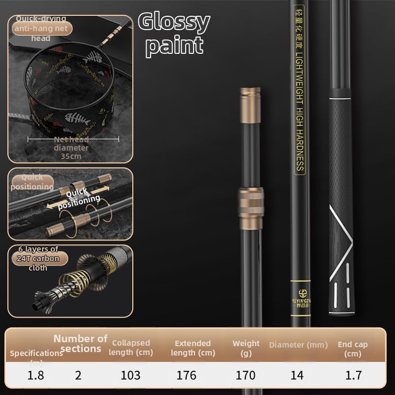 Oglekļa šķiedras teleskopiska tīkla makšķerēšanas komplekts – ultra viegls, stingrs, ar smalku aci, saliekams, slodze 100 kg