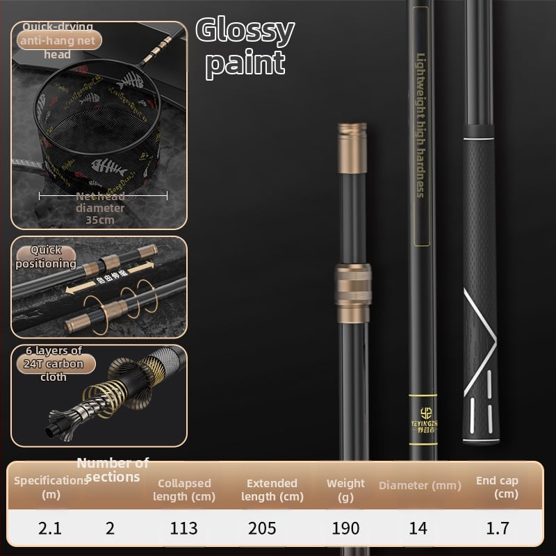 Oglekļa šķiedras teleskopiska tīkla makšķerēšanas komplekts – ultra viegls, stingrs, ar smalku aci, saliekams, slodze 100 kg