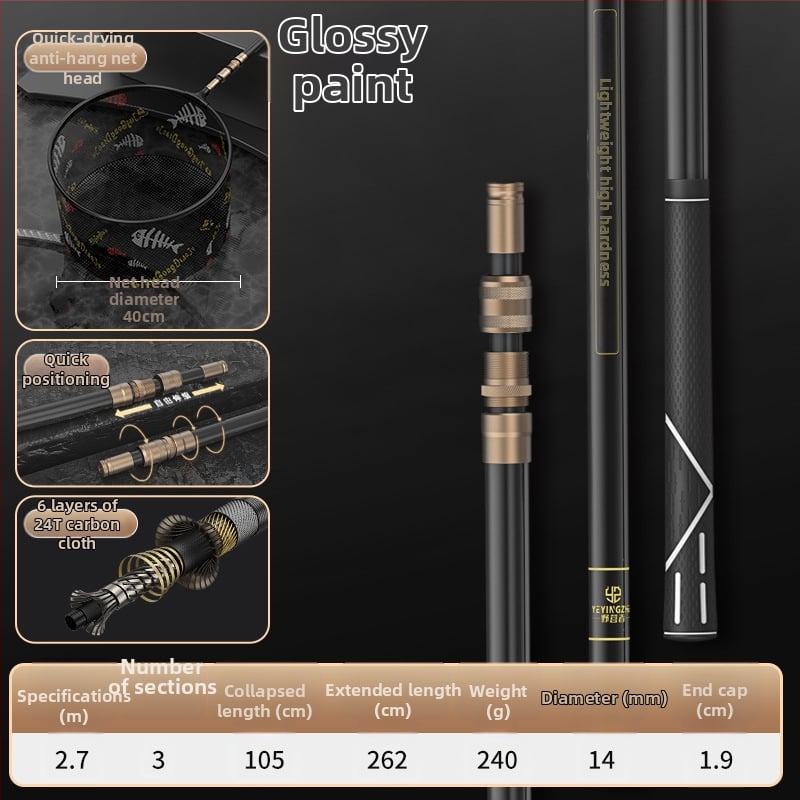 Oglekļa šķiedras teleskopiska tīkla makšķerēšanas komplekts – ultra viegls, stingrs, ar smalku aci, saliekams, slodze 100 kg