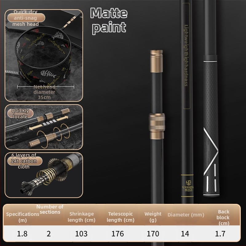 Oglekļa šķiedras teleskopiska tīkla makšķerēšanas komplekts – ultra viegls, stingrs, ar smalku aci, saliekams, slodze 100 kg