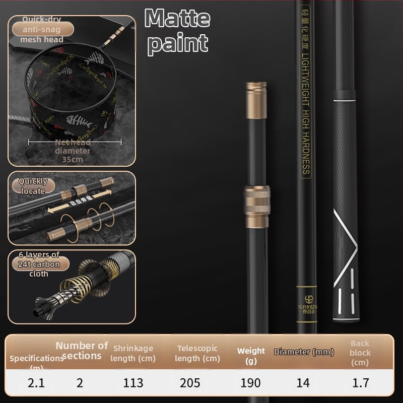 Oglekļa šķiedras teleskopiska tīkla makšķerēšanas komplekts – ultra viegls, stingrs, ar smalku aci, saliekams, slodze 100 kg