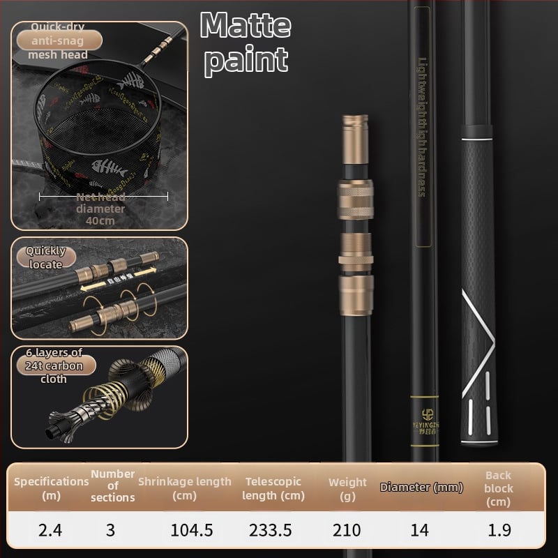 Oglekļa šķiedras teleskopiska tīkla makšķerēšanas komplekts – ultra viegls, stingrs, ar smalku aci, saliekams, slodze 100 kg