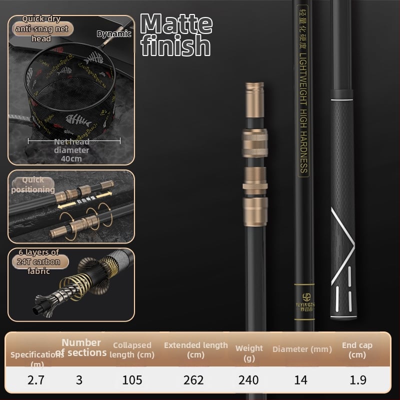 Oglekļa šķiedras teleskopiska tīkla makšķerēšanas komplekts – ultra viegls, stingrs, ar smalku aci, saliekams, slodze 100 kg