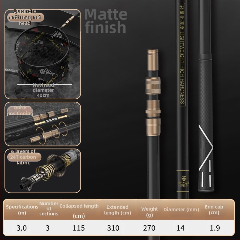 Oglekļa šķiedras teleskopiska tīkla makšķerēšanas komplekts – ultra viegls, stingrs, ar smalku aci, saliekams, slodze 100 kg