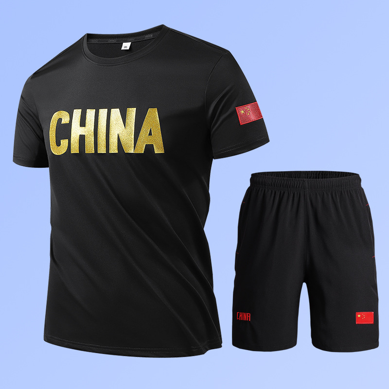 Unisex vasaros dviejų dalių sportinis komplektas su trumpomis rankovėmis ir apvaliu kaklu, poliesterio-spandekso mišinys 95/5