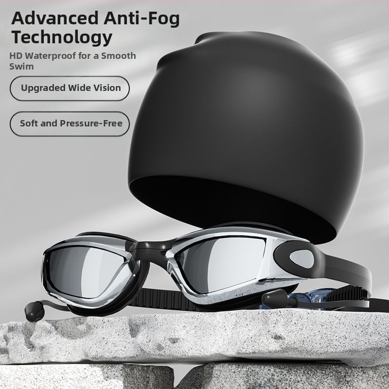 Pieaugušo peldēšanas brilles un cepures komplekts – antifog, lielais rāmis, PC lēcas, ūdensizturīgs