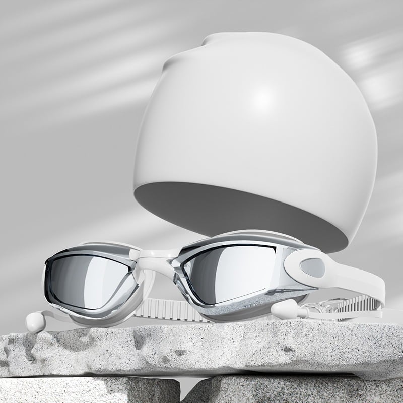 Pieaugušo peldēšanas brilles un cepures komplekts – antifog, lielais rāmis, PC lēcas, ūdensizturīgs