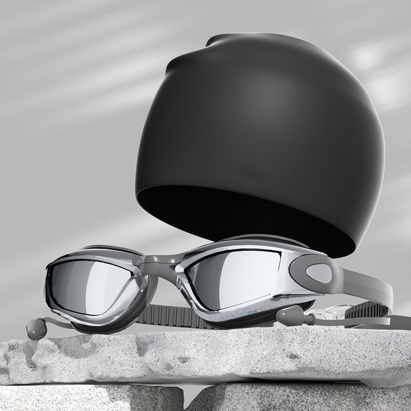 Pieaugušo peldēšanas brilles un cepures komplekts – antifog, lielais rāmis, PC lēcas, ūdensizturīgs