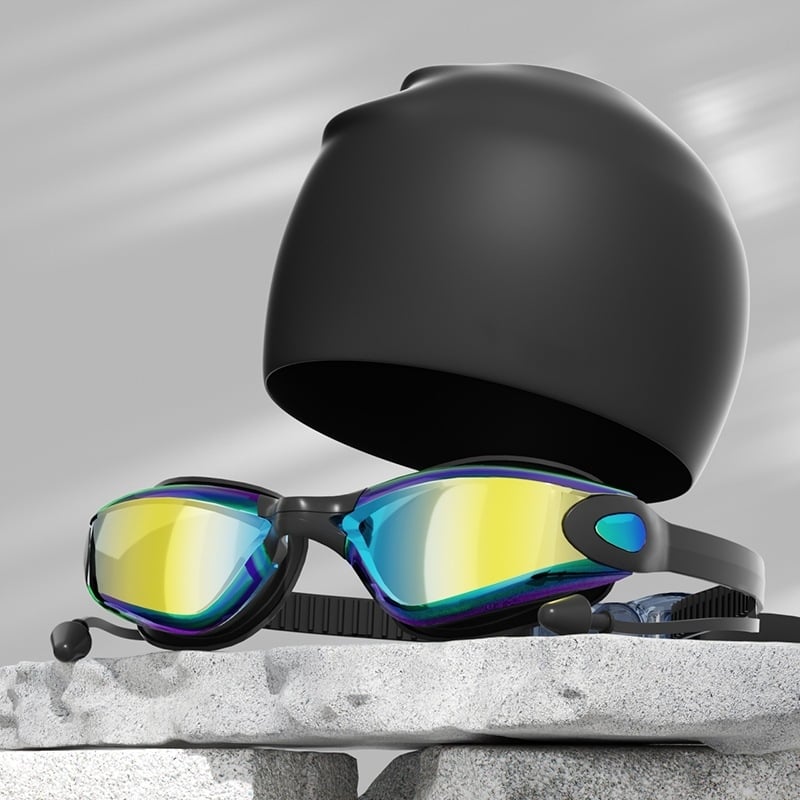 Pieaugušo peldēšanas brilles un cepures komplekts – antifog, lielais rāmis, PC lēcas, ūdensizturīgs