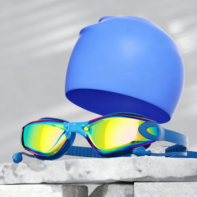 Pieaugušo peldēšanas brilles un cepures komplekts – antifog, lielais rāmis, PC lēcas, ūdensizturīgs