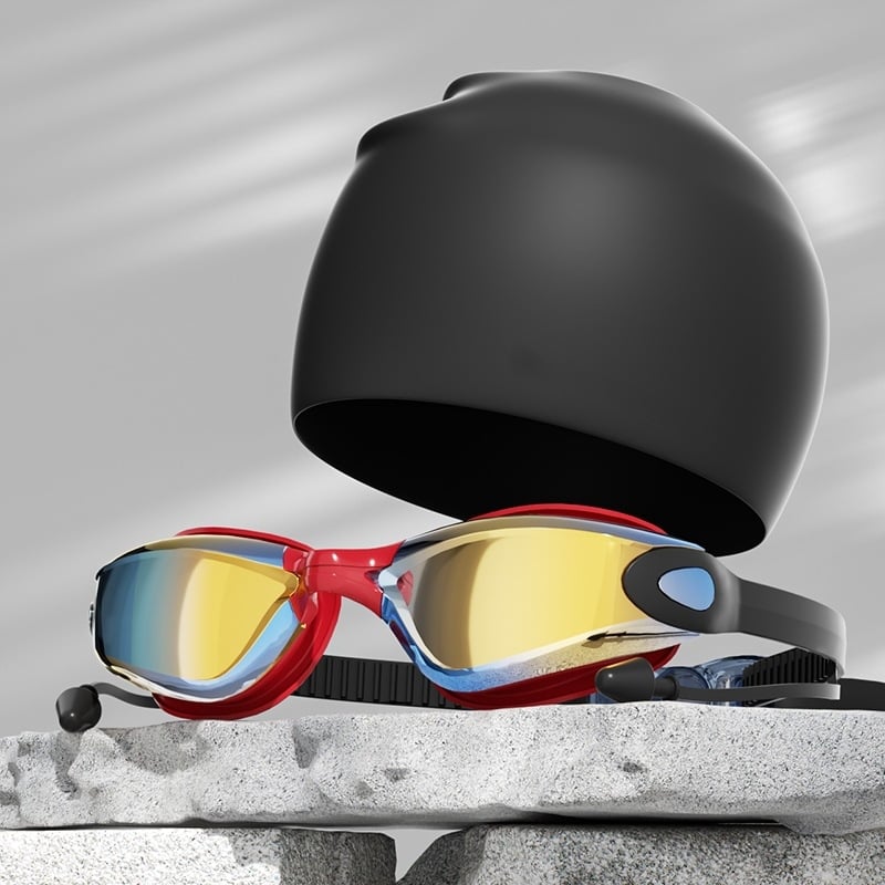 Pieaugušo peldēšanas brilles un cepures komplekts – antifog, lielais rāmis, PC lēcas, ūdensizturīgs